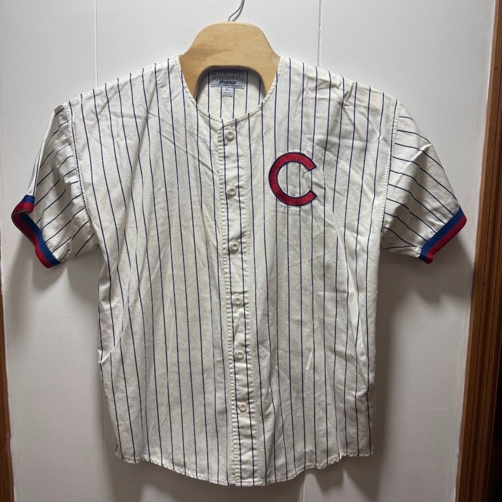 Starter Chicago Cubs Baseball Jersey Mens XL White Blue Pinstripe Cotton MLB